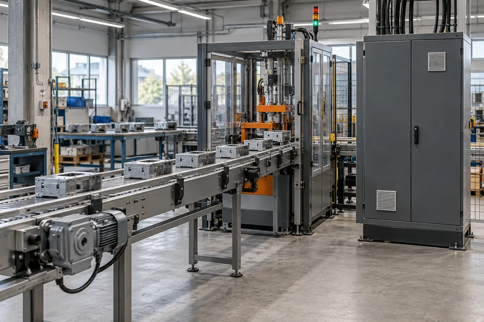 Illustrative conveyor and assembly equipment beside an industrial control cabinet